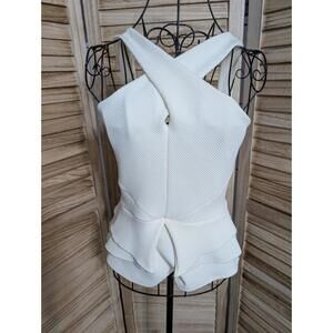 Bebe Womens Peplum Top Off White Textured Criss Cross Back Square Neck USA S